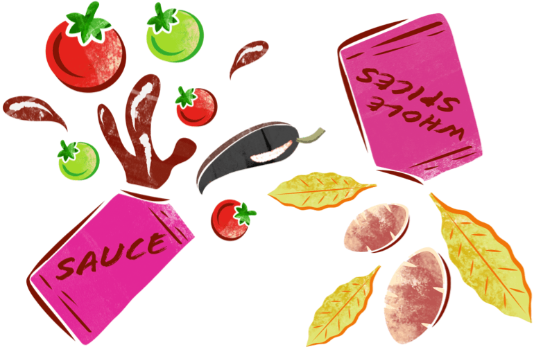 sauce and spice illustration with tomatoes and chili pepper