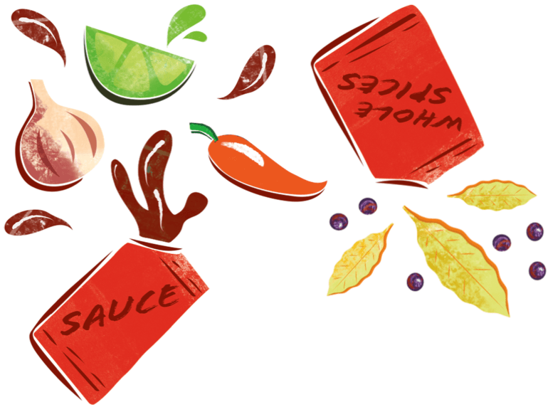 sauce and spice illustration with lime, chili pepper, and onion