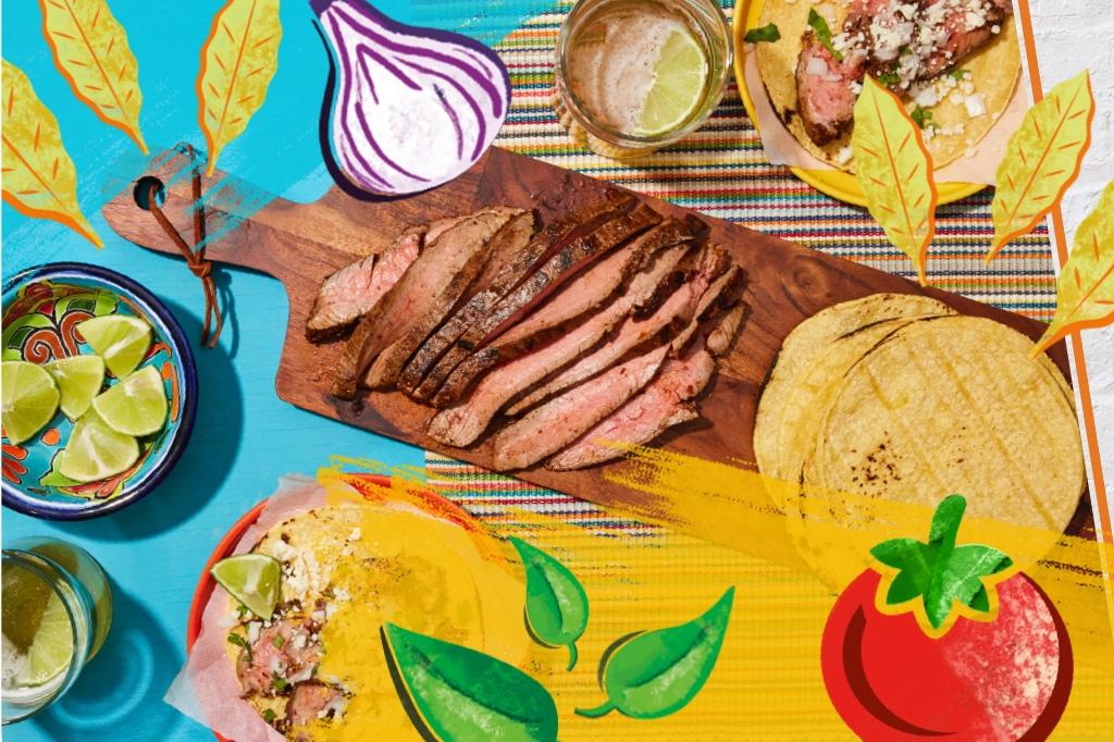 Thick cut carne asada on a wooden board, with dips, toasted tortillas, and carne asada tacos with sprinkled cotija cheese