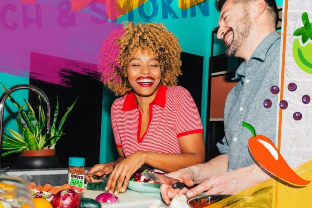 Collage of vibrant backgrounds, text FILTHY RICH & SMOKIN, vegetables, and people laughing in a kitchen.